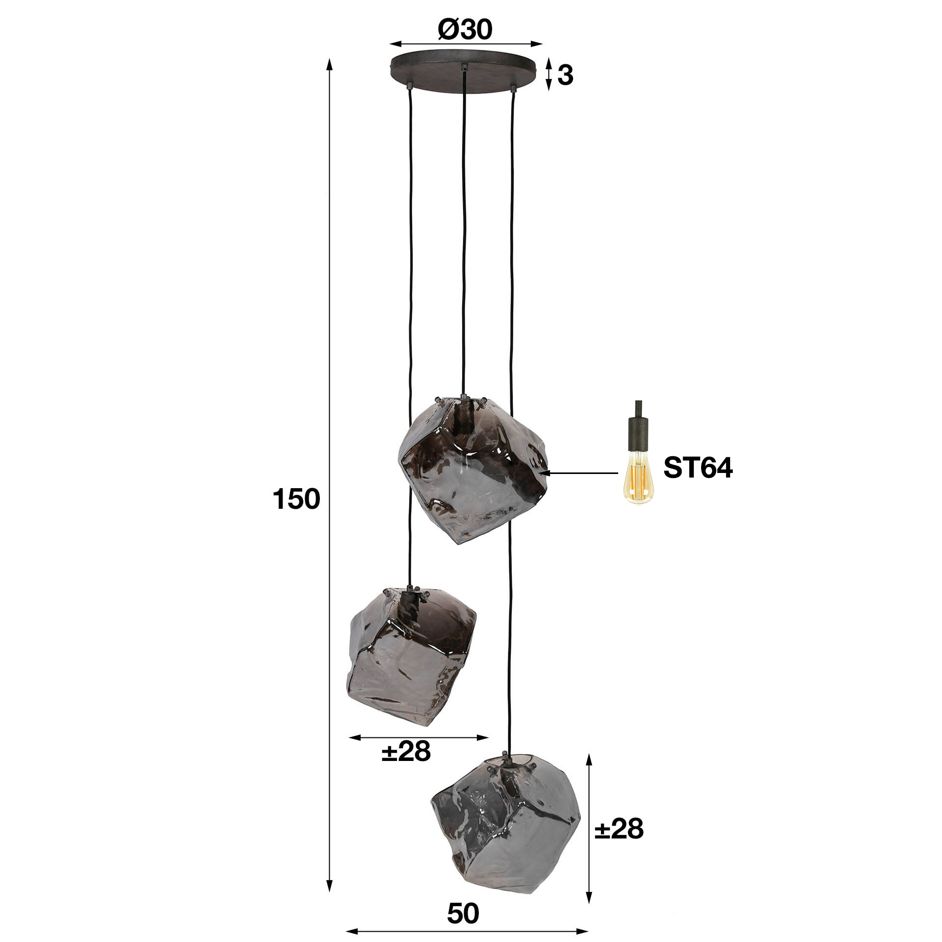 Hanglamp 3L rock chromed getrapt